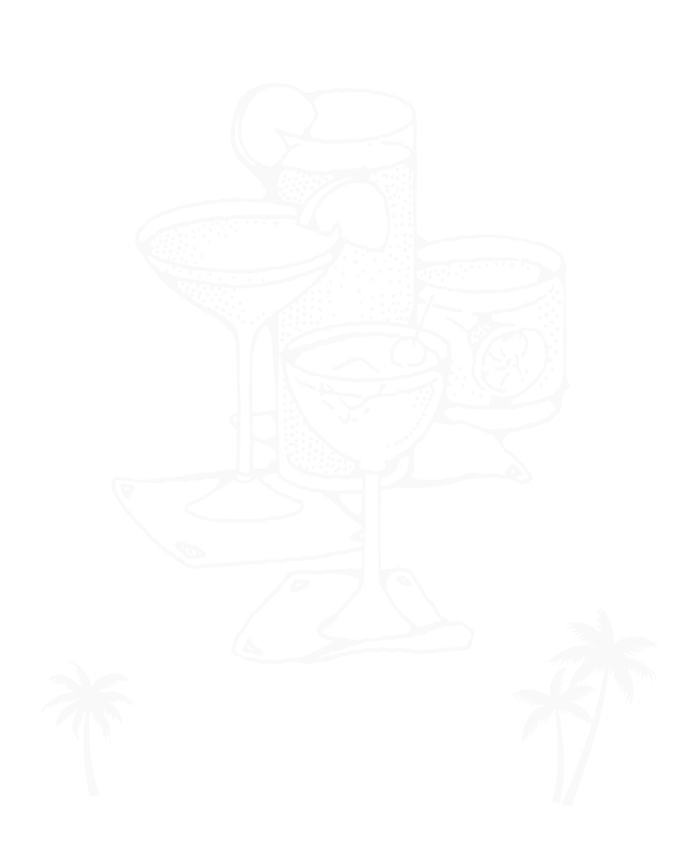 Sketch of 4 cocktails in various glass styles, huddle together with a smaller drawing of 2 palm tress in the bottom corners